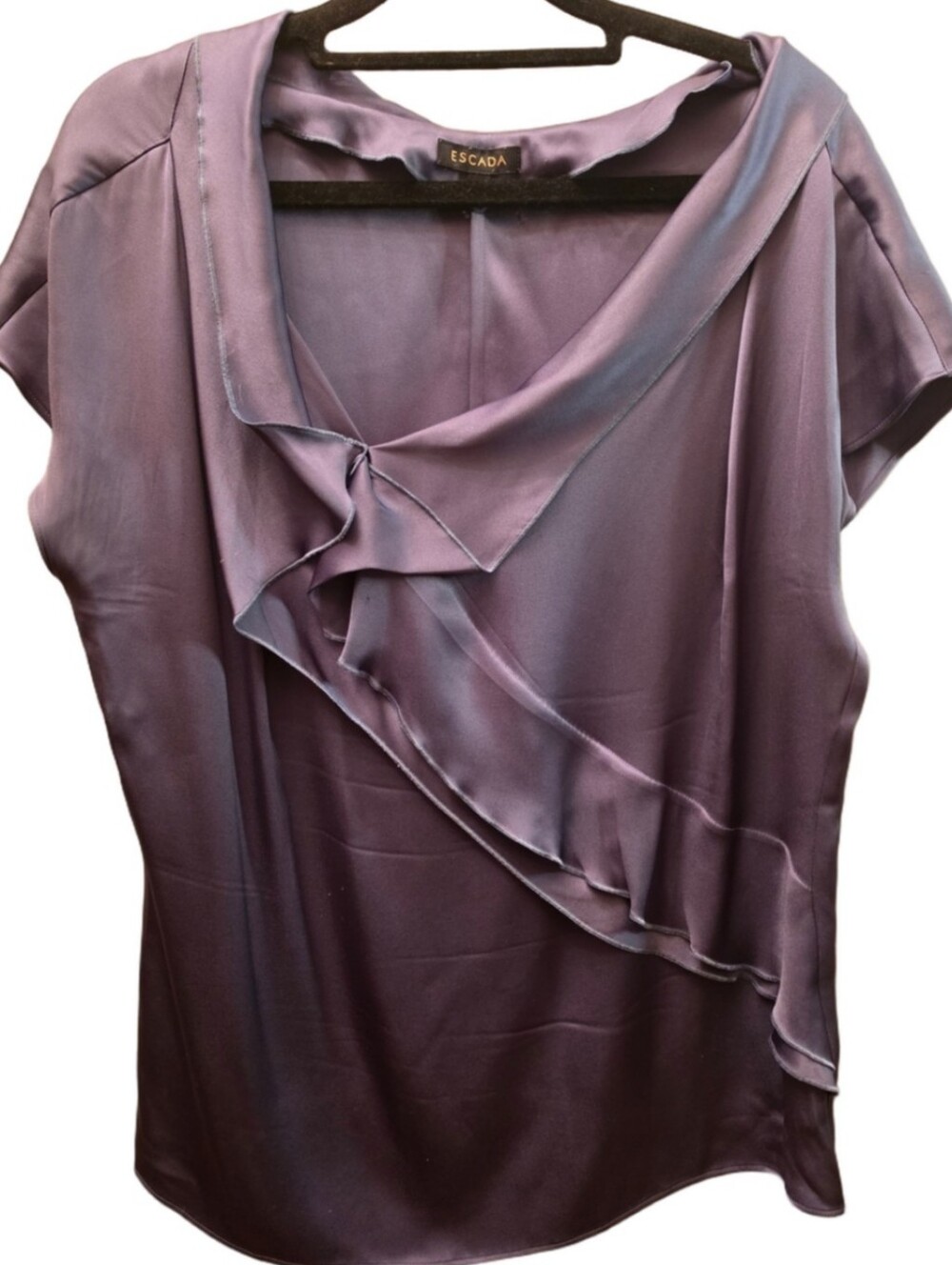 ESCADA 100% Silk Lavender Asymmetrical Ruffle Draped Blouse Size 40
